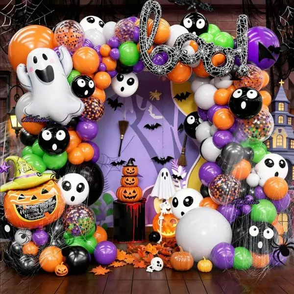 184PCS Halloween Balloon Arch Kit, Ghost & Pumpkin Foil Balloons, Black Orange Purple Balloon Garland, 3D Bats, Spider Web, Indoor Outdoor Party Decor