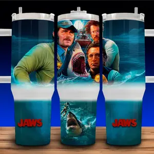 40oz Jaws 70 Shark Horror Movie Fade Cup Mug Tumbler with Lid and Straw - Elegant Drinkware for Horror Movie Fans - Perfect for Hot or Cold Drinks! Stainless Steel. Flasks Plastic Coffee Reusable