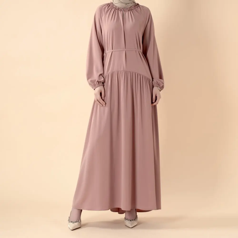 Women's Modest Islamic Pleated Abaya 2-Piece Set - Casual Ruffle Neck Maxi Dress, Adjustable Waist Tie, Lightweight Drape, Pockets, Hijabi Fashion Clothes, Muslim Women Gowns, 2‑Piece Belt Set