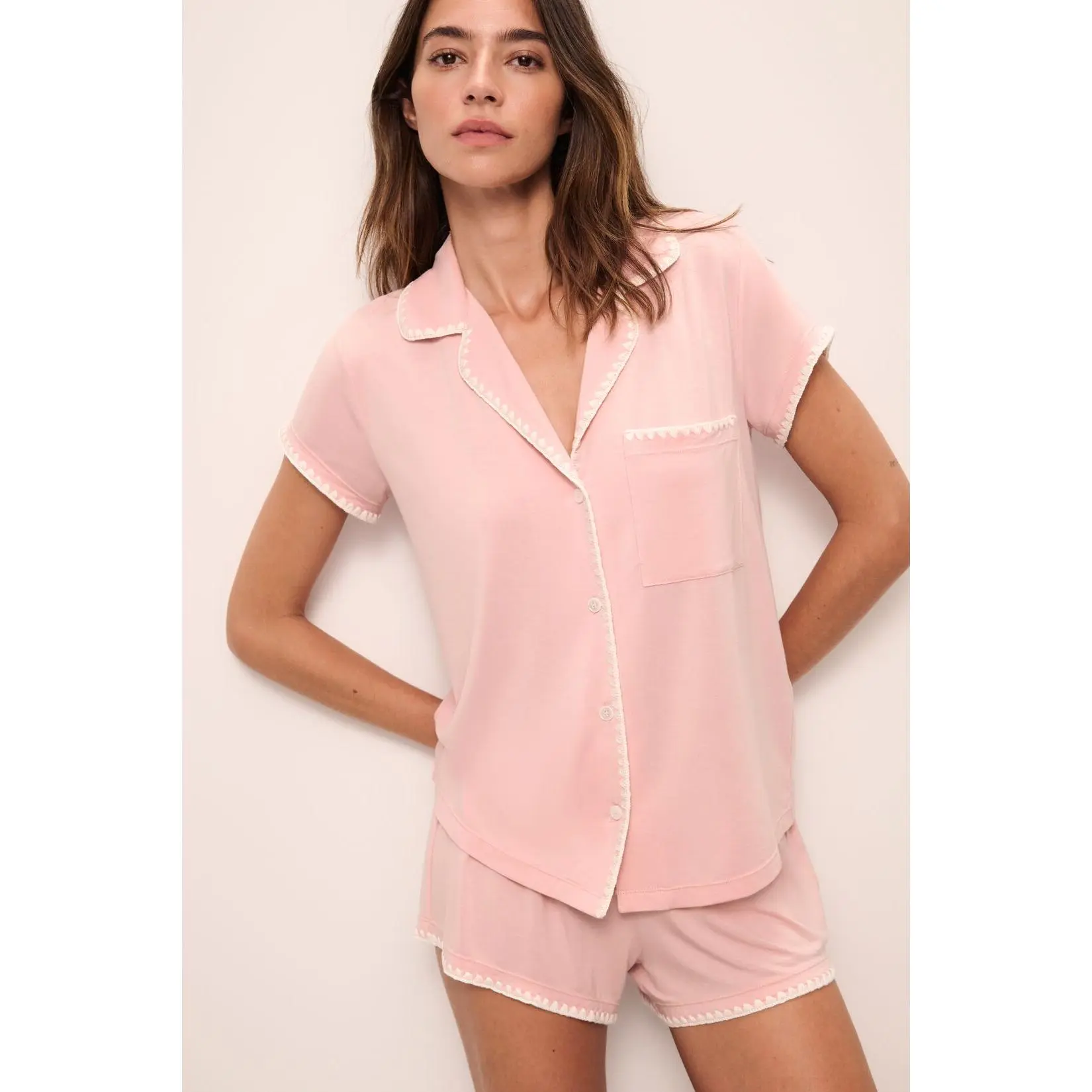 Women's Eberjey Frida Whip-Stitch Soft 2-Piece Matching Cute Pajama Set - Bohemian Style, Spandex & Modal Fabric, Elastic Short-Sleeve Button Nightwear, Low Rise Shorts Loungewear, Shortsleeve, Matching Set, Cute Pajamas, Comfy Sets