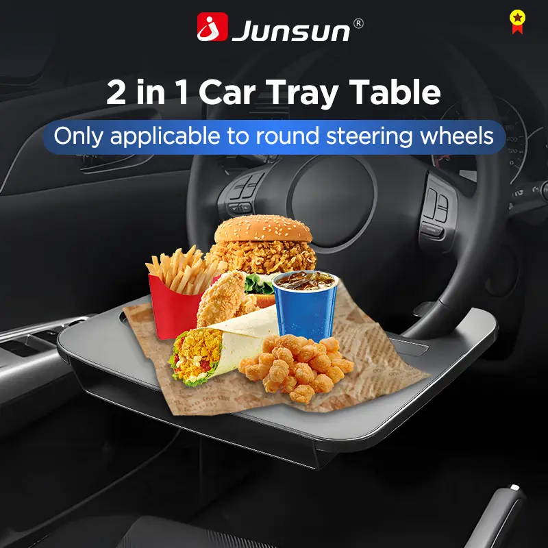 Junsun Multifunctional Steering Wheel Desk with Storage Organizer - 2-in-1 Tray Table, Car Dining Tray for Adults, Cars (Watch Party, Laptop Use) (Fits <39mm Thick Steering Wheels), 2-In-1 Design