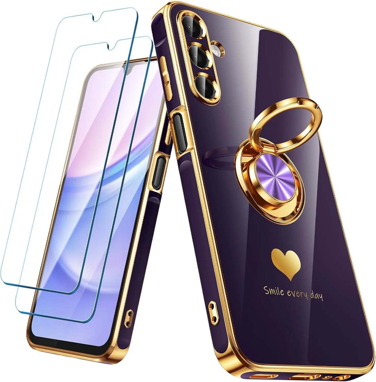 Purple Galaxy A15 5G Phone Case with 2 Glass Screen Shields - Luxury Heart Pattern, Gold-Plated Metal Edge, Lightweight Slim Soft TPU Cover, 360° Rotating Ring Holder Kickstand for Handsfree View, Shockproof Protection Mobile Accessories, Tempered Glass