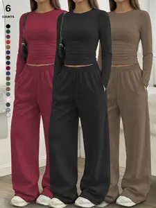 Women's Two-Piece Set, Ruched Tee & Drawstring Pocket Pants, Fitted Design, Organic Textile Material, Ideal for Daily Wear