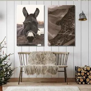 Modern Farmhouse Nativity Canvas Set of Two Donkey and manger Christmas Wall Art
