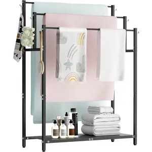 44" Tall Free Standing Racks with 6 for, 3 Oversized Pool Bath Towels Drying Stand, Blanket Ladder Holder with Shelf for Bedroom Living Room, Black