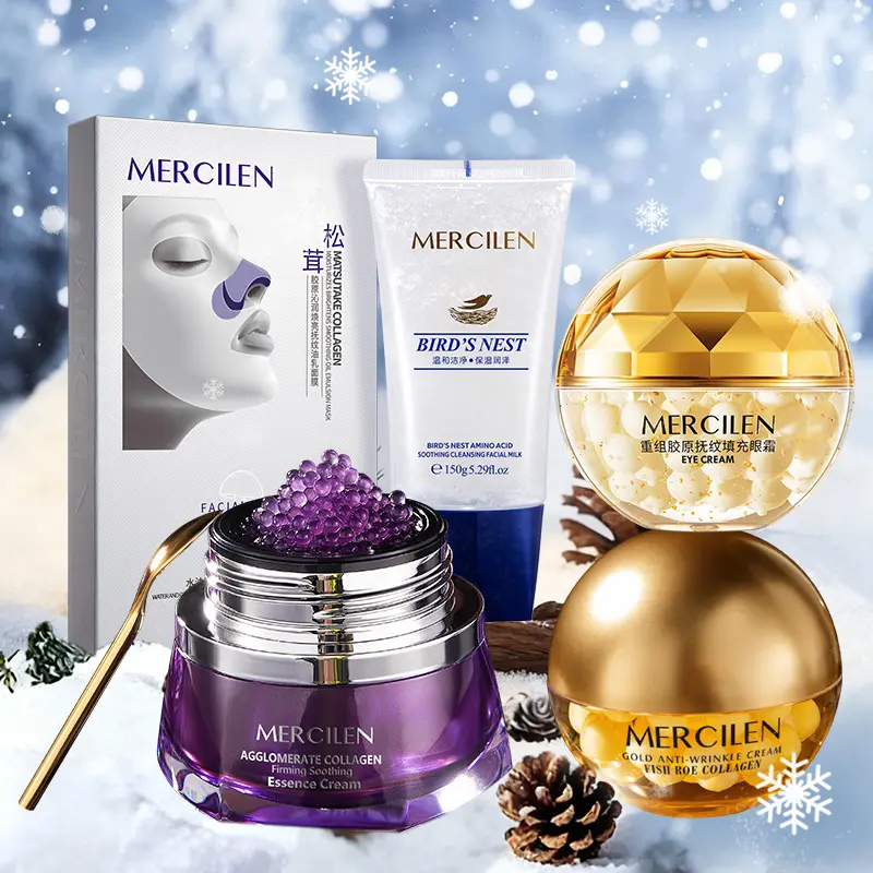 Mercilen Collagen Firming Soothing Serum 30g, Caviar Collagen Face Cream 70g, Anti-Wrinkle Eye Cream 40g, Daily Cleansing Facial Skincare Hydrating Moisturizing Beauty Gift Set