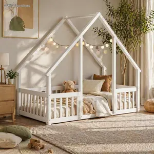 Twin-Sized Pine Wood House-Shaped Child-Friendly Toddler Floor Bed with Fence, Guardrails, Roof Frame, Easy-to-Assemble White Children's Furniture Bed, Child-Friendly Beds