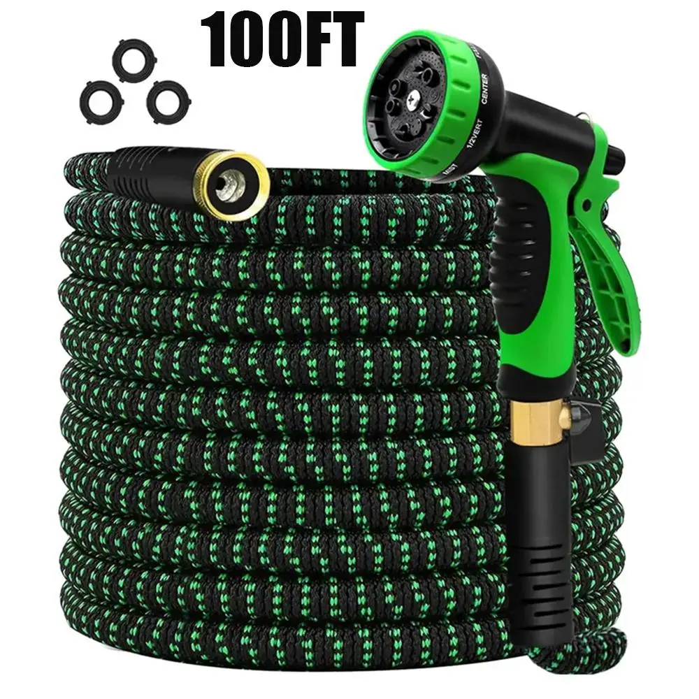 100FT 4X Stronger Expandable Water Hose with Spray Gun, Thickened Flexible Garden Hose with 10 Function Nozzles, Kink-Free Brass Fittings for Outdoor Garden Yard Car Wash RV