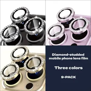 Sparkling rhinestone-studded phone camera lens protector, compatible with iPhone 17, 16, 15, 14, 13, 12, and 11 models. Scratch- and drop-resistant Protection tempered glass phone camera lens protector (three colors).
