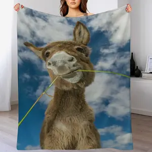 Whimsical Donkey Blanket, Cheeky Donkey Selfie with Blue Sky Background Flannel Throw, Cozy Farmhouse Home Decor