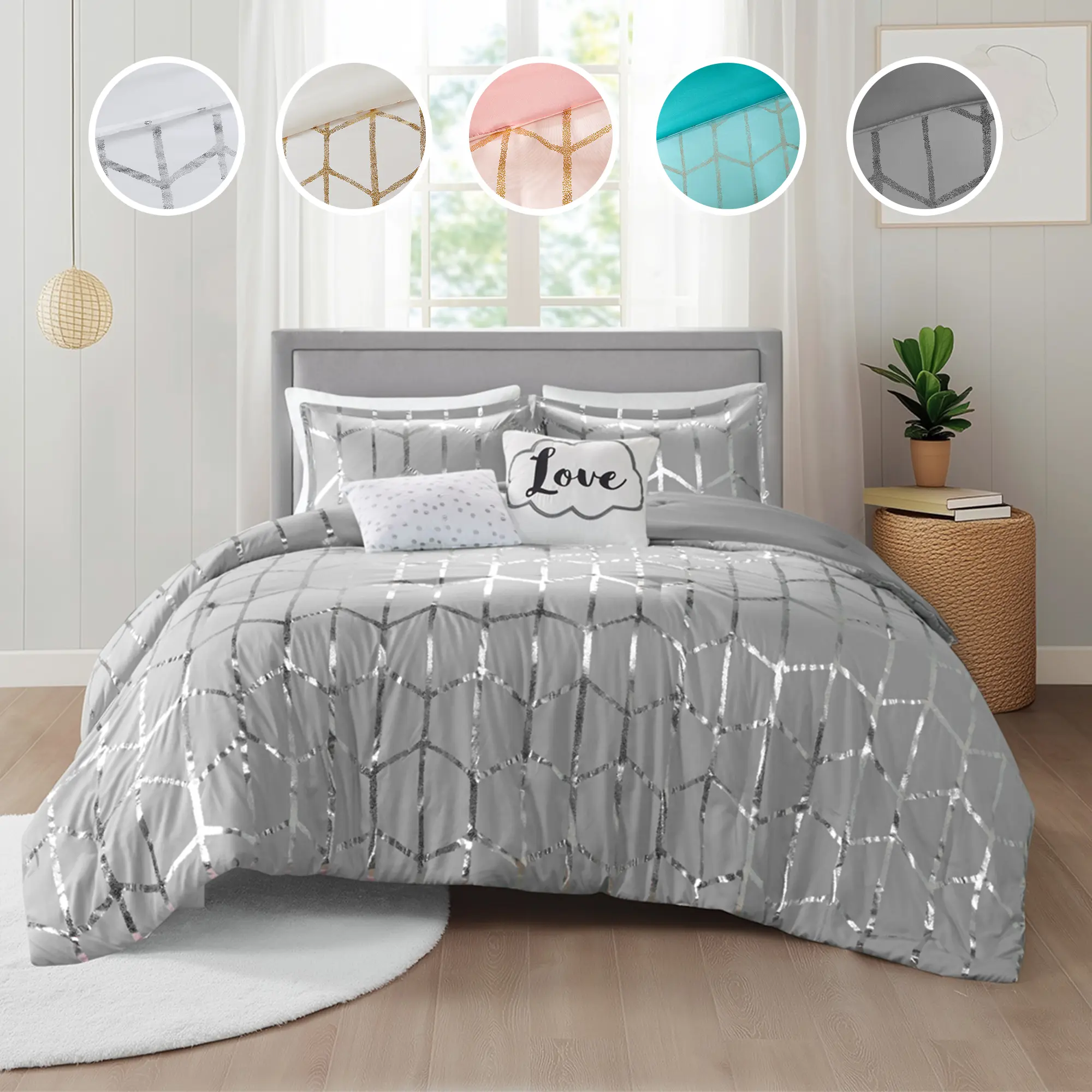 Soft Microfiber Bed Cover Set - Decorative Bedding with 2 Standard Shams, 1 Oblong Pillow, 1 Square Pillow, Silver Metallic Print, Queen Comforter Set for Home Bedroom Decor