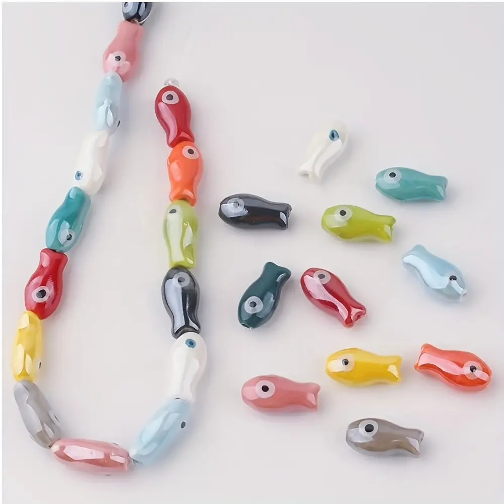 [30pcs Retro Fish Beads] 30pcs Glossy Retro Ceramic Fish Beads Charms | Multi-Color Spacer Beads with Black Eyes for DIY Jewelry Making, Bracelets, Necklaces & Craft Projects