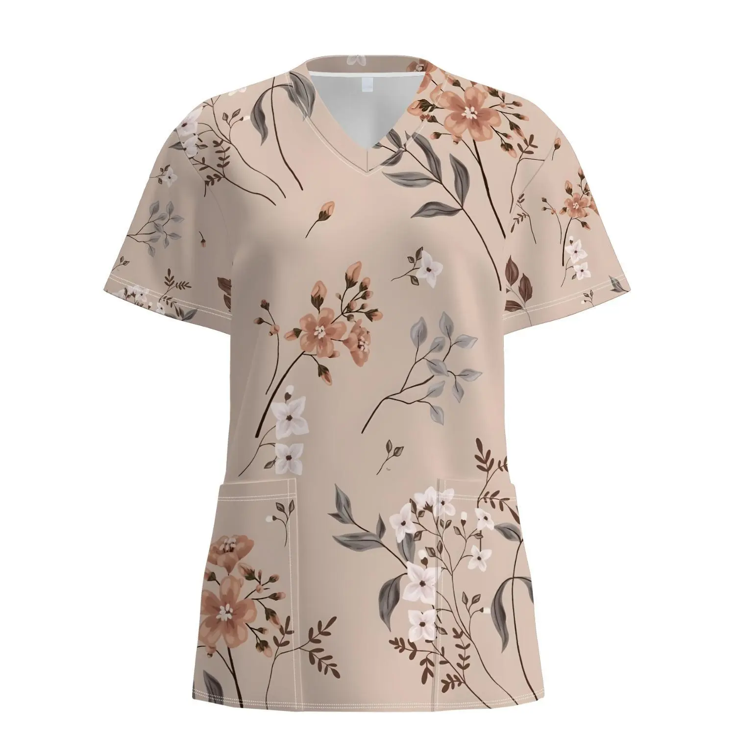 Vintage Floral Print V-Neck Short Sleeve Women's Nurse Uniform - Breathable Summer Workwear