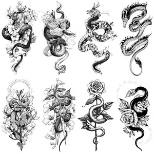 8 Realistic Chinese Dragon and Snake Temporary Tattoos, Adult Animal Tattoo Stickers for Men and Women, Floral Design, Perfect for Festivals, Waterproof Matte Tattoo, Temporary Tattoo Kit