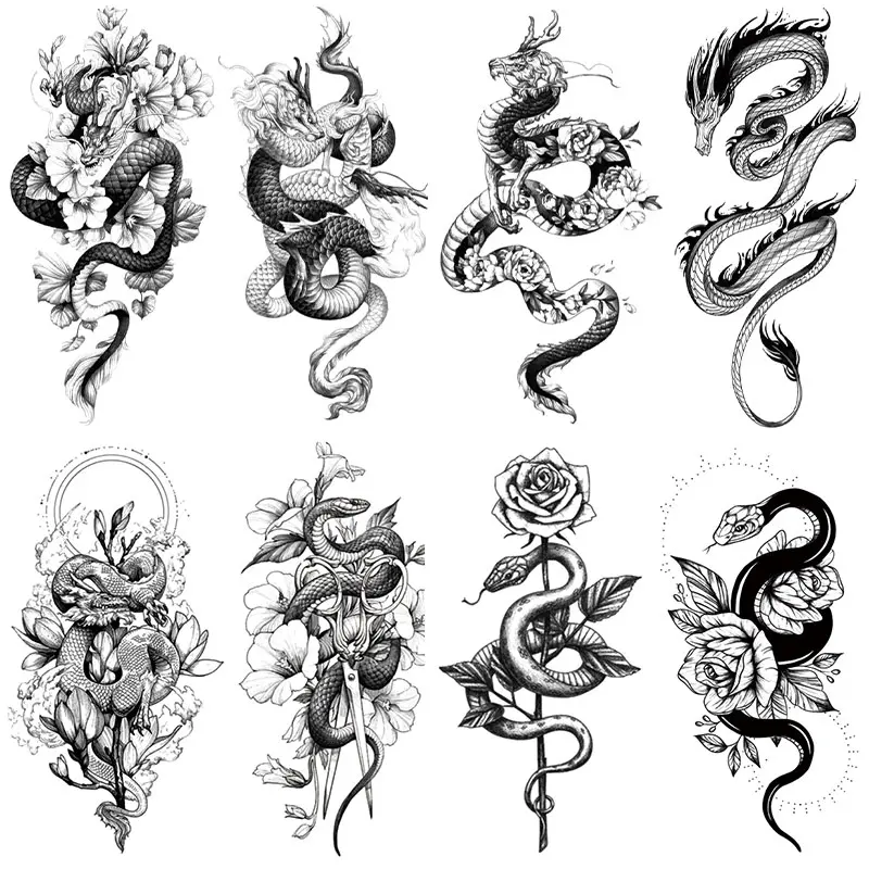 8 Realistic Chinese Dragon and Snake Temporary Tattoos, Adult Animal Tattoo Stickers for Men and Women, Floral Design, Perfect for Festivals, Waterproof Matte Tattoo, Temporary Tattoo Kit