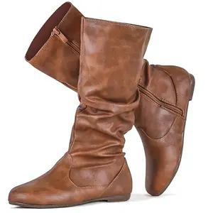 Women's Slouchy Mid Calf Boots Zip up Flat Boots