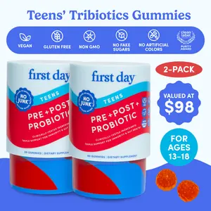 First Day Teen Age 13-17 Probiotic Gummies 3-in-1 – Pre, Pro & Postbiotics Gummy Vitamins for Gut Health, Clear Skin, Immunity and Bathroom Support – Tropical Kiwi Flavor –  2-Pack, 60-Day Supply Natural Supplements Healthy Ingredients