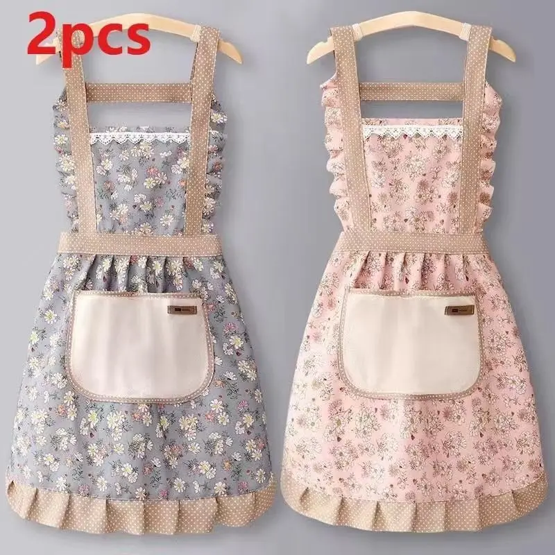 2-Piece Floral Princess Cute Apron Set with Pockets, Adjustable H-Strap Design, Ideal for Kitchen Baking, Cooking & Restaurant Use
