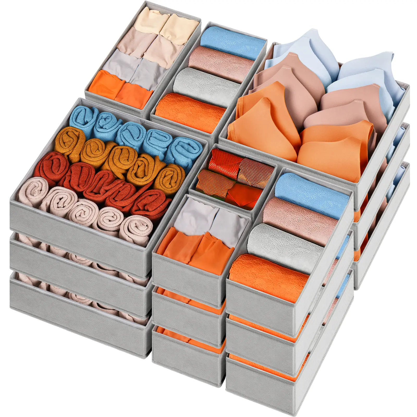 Criusia Modern 15-Pack Foldable Fabric Drawer Organizer - Multifunctional Storage Bin with Sturdy Base Keeps Shape, Deep Drawer Stack, Multi-Sizes for Closet, Women’s Clothes, Socks, Underwear, Bras, Perfumes (Grey)