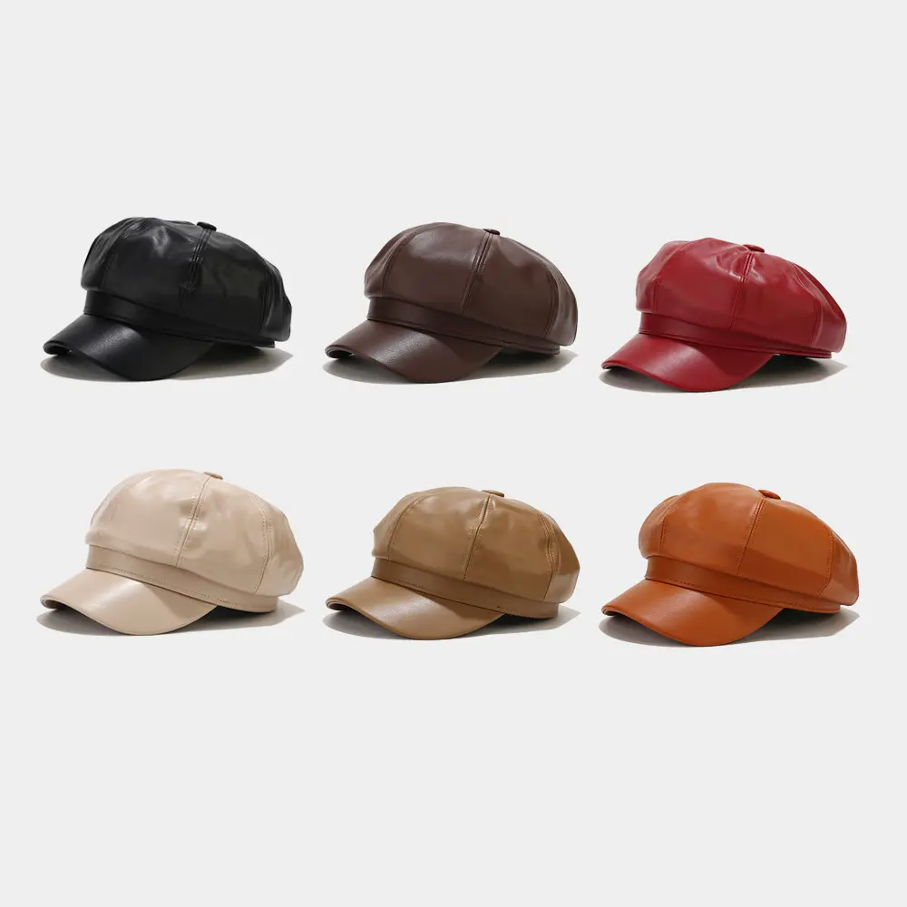 Women's Retro Octagonal Black Leather Hat - Plain British Casual Light Board PU Cap for Autumn, Winter Outdoor Use, Black Hat