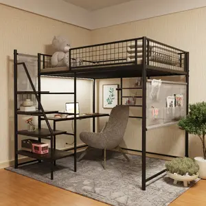 Eyisean Full Size Loft Metal Bed Frame with Desk, Heavy Duty Metal Loft Bed with Built-in Charging Station & LED Lighting, Modern Bunk Bed with Stairs for Bedroom, Dormitory, Easy Assembly, Noise Free
