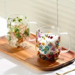 2pcs 350ML Dual-Wall Coffee Mugs, Real Flower Interior with Handle, Creative Drinkware, Floral Gift Mug, Perfect Gift for Valentine's Day & Graduation