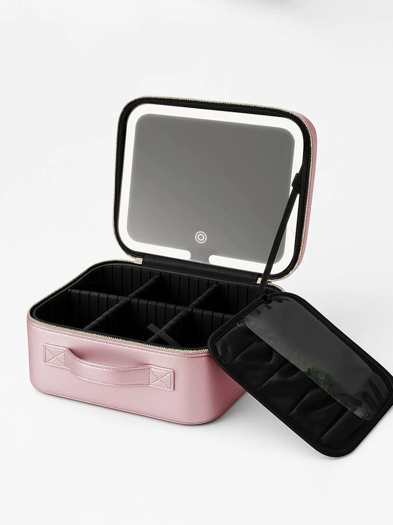 1pc  New ladies' makeup bag with mirror, large capacity, high-end feel, portable storage bag, zipper closure, fashionable, casual and simple, suitable for business trips, commuting, ladies' makeup bag, Cosmetic Bag, Cosmetics Bag