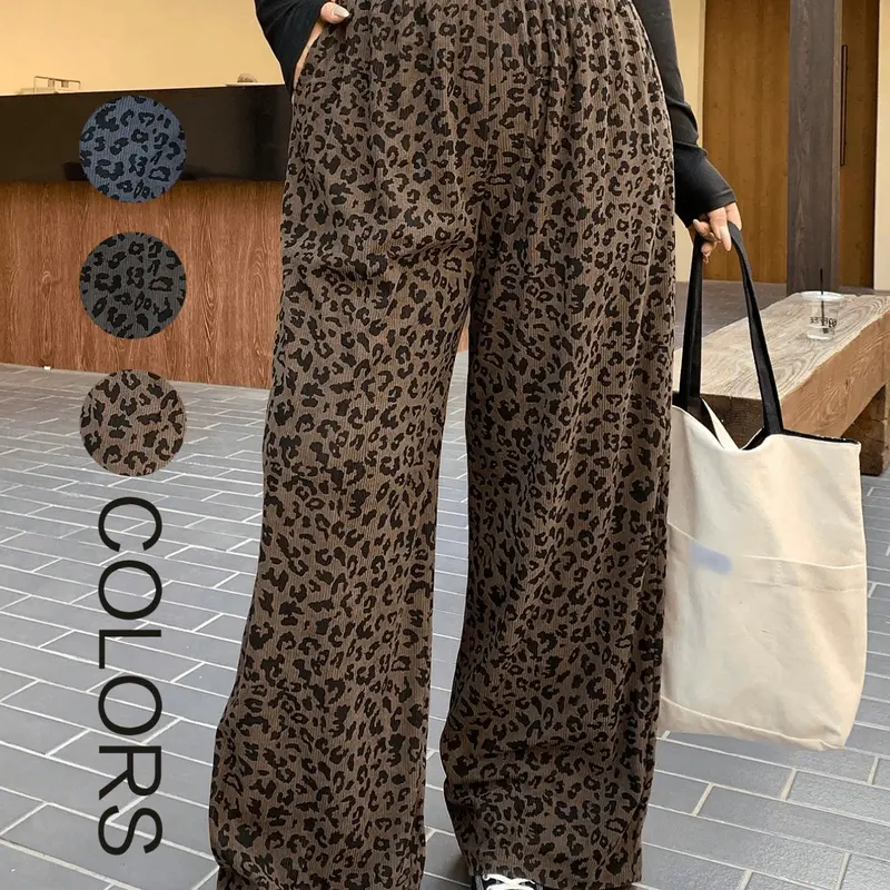 Plus Size Women's Elastic Waist Corduroy Animal Leopard Print Loose Fit Wide Leg Bottom Pants, Coffee, All Seasons, Back-To-School, Casual Date Long Pants, Elastic Waisted Pants, Casual Style Bottoms
