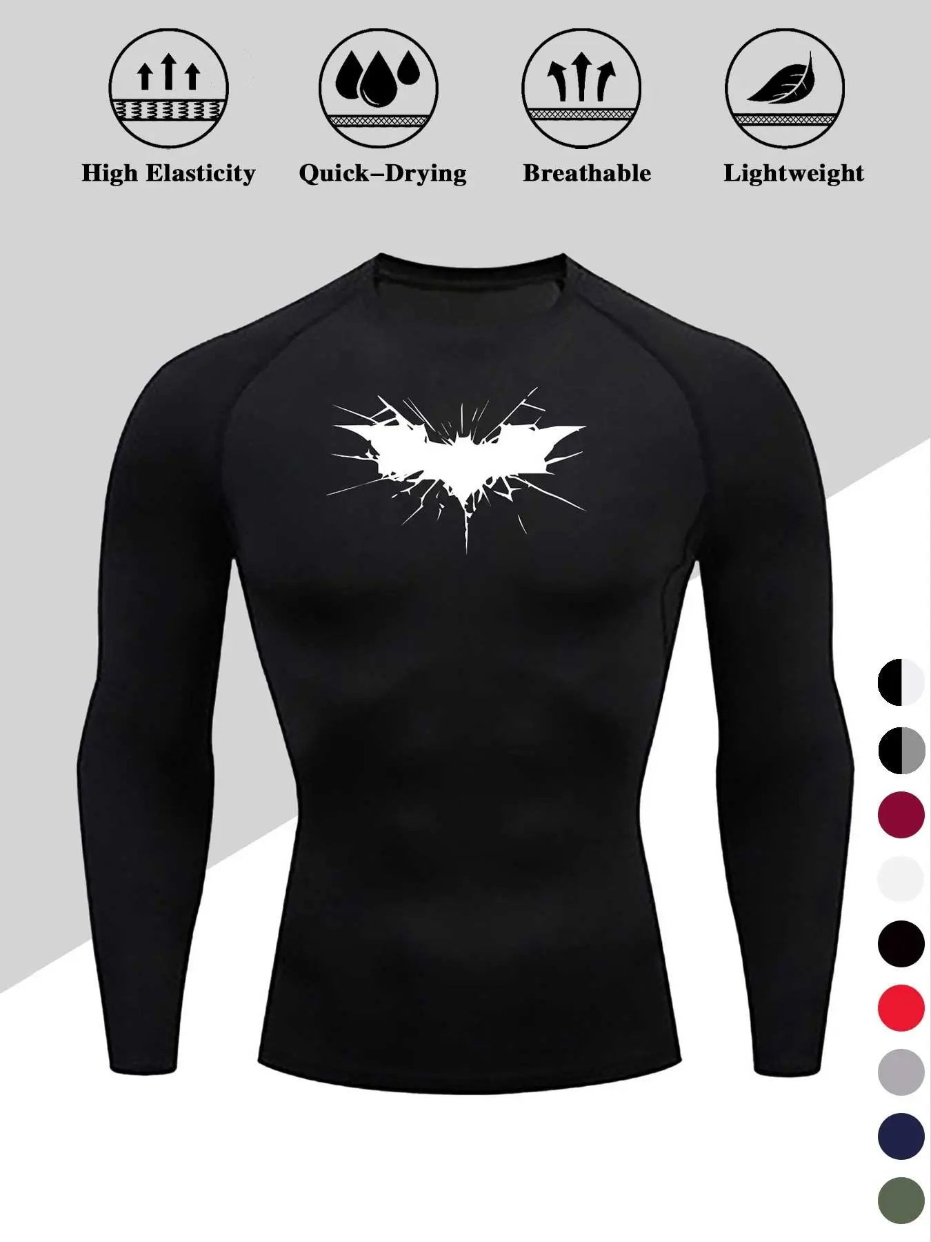Men's Quick-Dry Compression Shirt, Batwing Print Long Sleeve, High Elasticity, Breathable, Moisture-Wicking, Outdoor Fitness Running, Athletic Compression Shirts, Workout Apparel