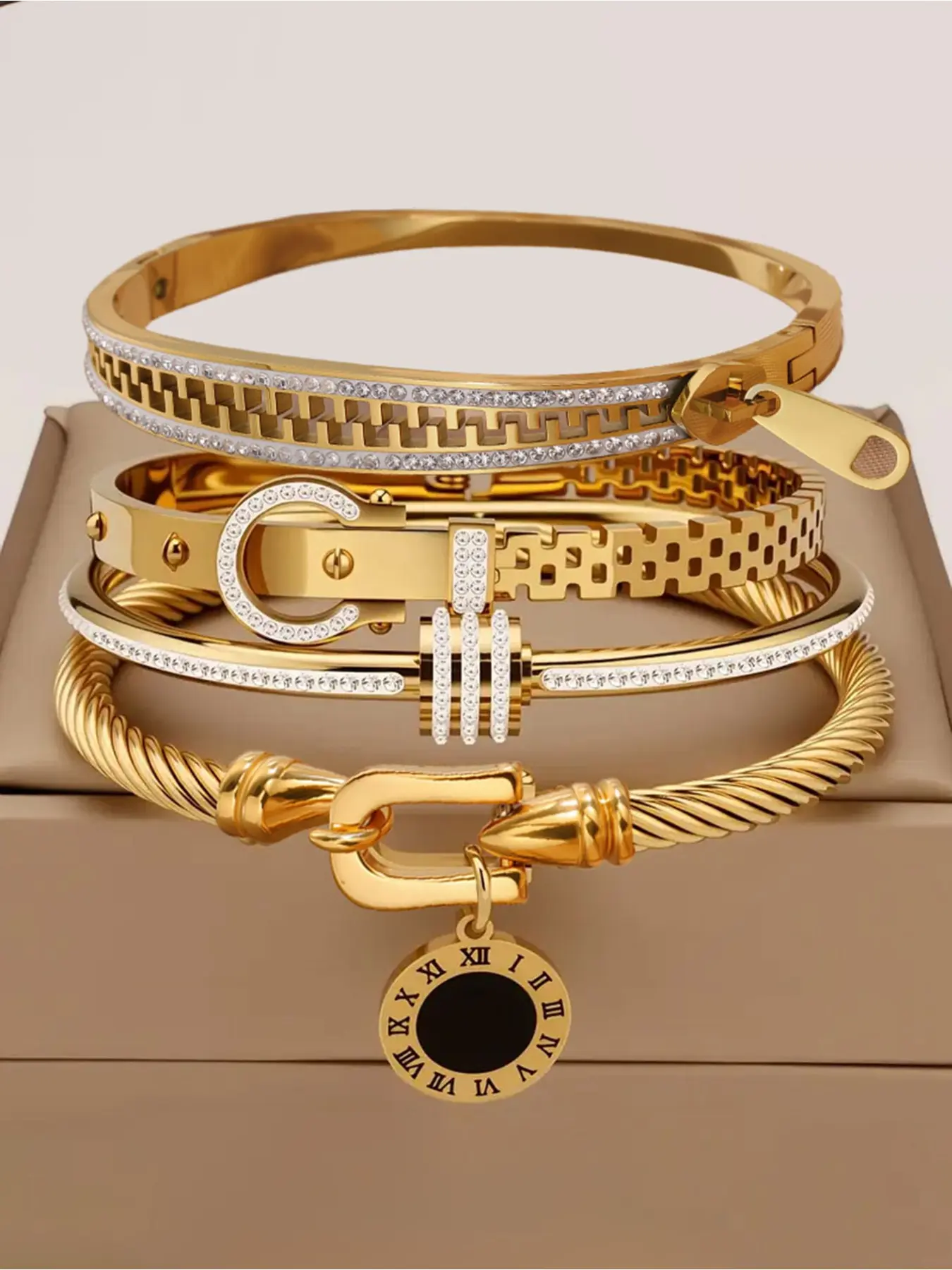 4-piece set of elegant and fashionable jewelry gifts, stainless steel women's trendy stack bangle inlaid with zircon, banquet party jewelry bracelet, holiday gift, Fashionable Bangles, Stackable Bracelet Set, Bracelets Stack