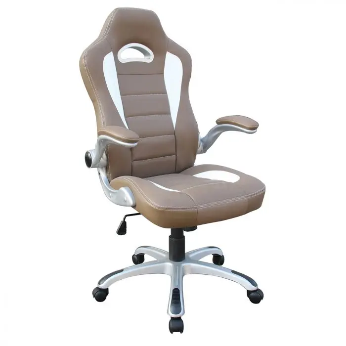 Camel PU Leather Modern Executive High Back Racer Office Chair - Adjustable Flip-Up Arms, 18.25"-22" Seat Height, Locking Tilt Control, Wheel-Based Desk Chair for Desk Upgrade, Wheel-Based Desk Chairs