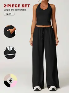 Women's 2-Piece Adjustable Cowl Halter Neck Set with Built-in Bra - Casual Backless Crop Top, Drawstring Wide-Leg Pants, Basic Athletic Day Lounge Outfit