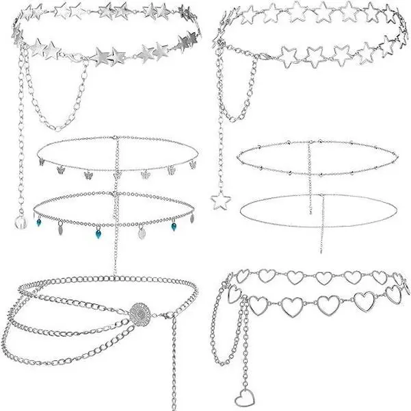 8 PCS Waist Chain Belt Dress Belts Jeans Pants Pocket Waist Multi-Layer Hip Hop Multilayer Metal Wallet Chain