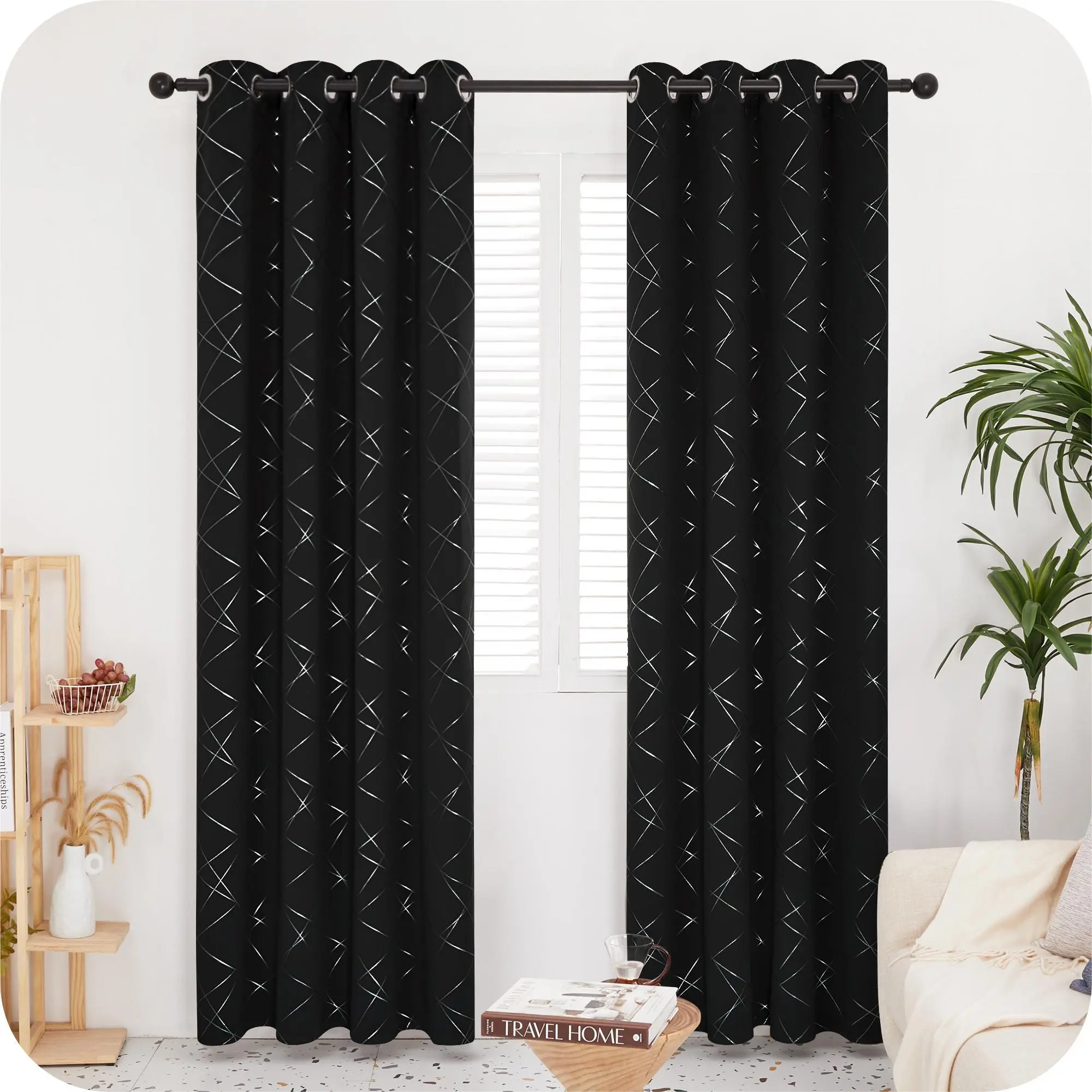 Deconovo Blackout Window Curtains, Silver Parallel Slash Patterned Grommet Top Drapes, Thermal Insulated Soundproof All Black Privacy Curtains for Bedroom & Living Room, Blackout Curtains
