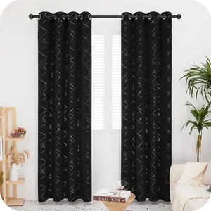 Deconovo Blackout Window Curtains, Silver Parallel Slash Patterned Grommet Top Drapes, Thermal Insulated Soundproof All Black Privacy Curtains for Bedroom & Living Room, Blackout Curtains