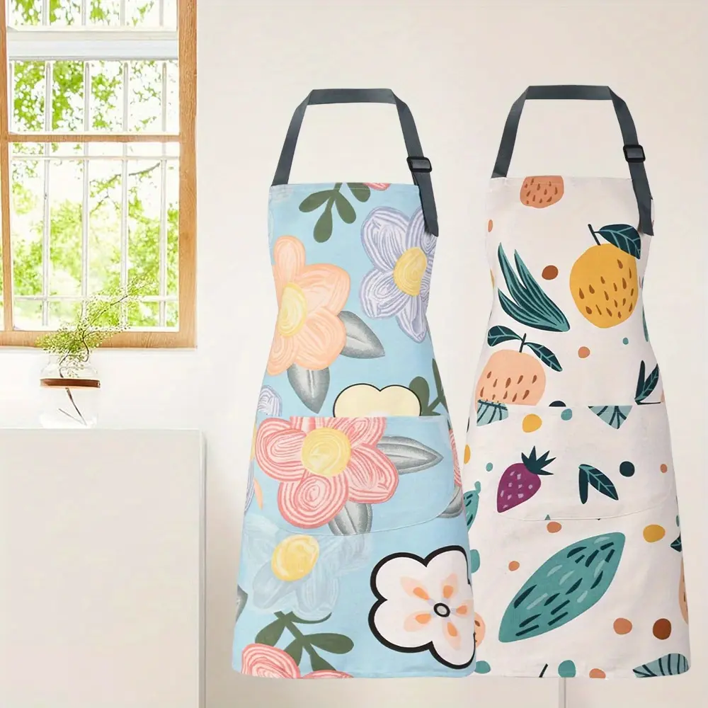 2 Pack Floral Apron for Women with Pockets, Adjustable Cotton Chef Aprons for Kitchen, Cooking, BBQ & Grill