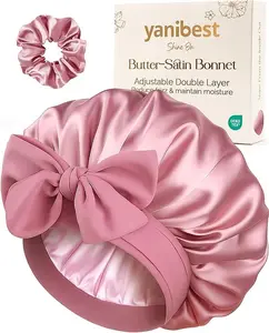 YANIBEST Adjustable Double Layer Satin Bonnet, Silk Hair Bonnet for Sleeping with Elastic Tie Curly Natural Hair Reduce frizz