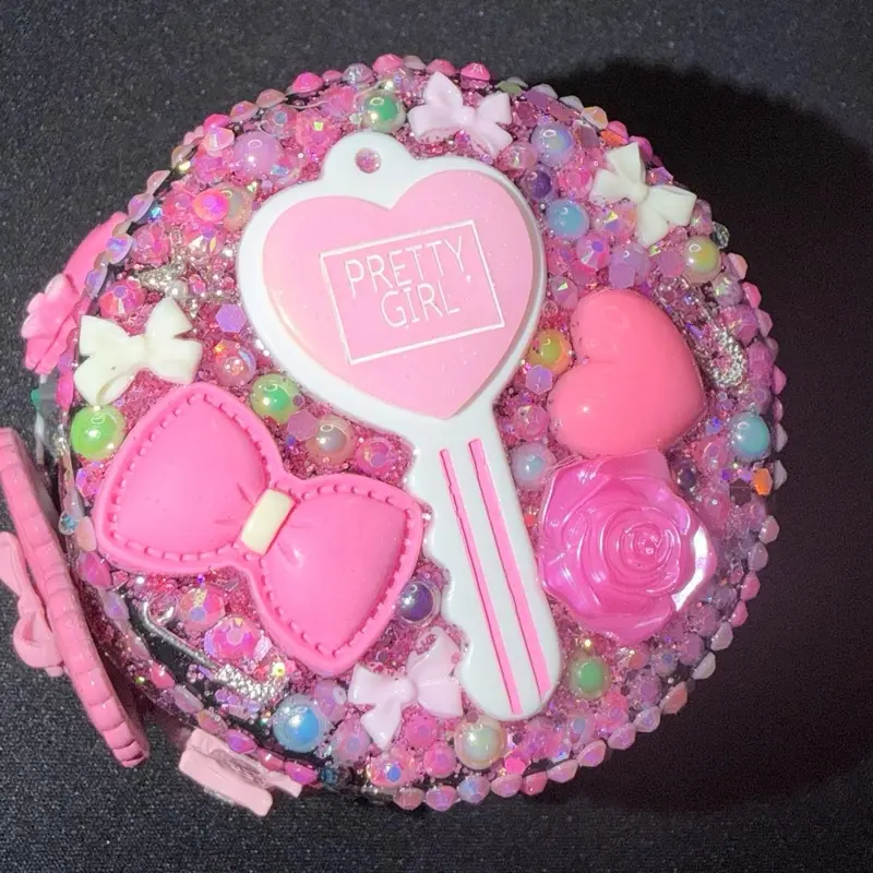 Mini Cute Storage Jar Pink Customized with Bling Heart Design and Bow Accents for Girls