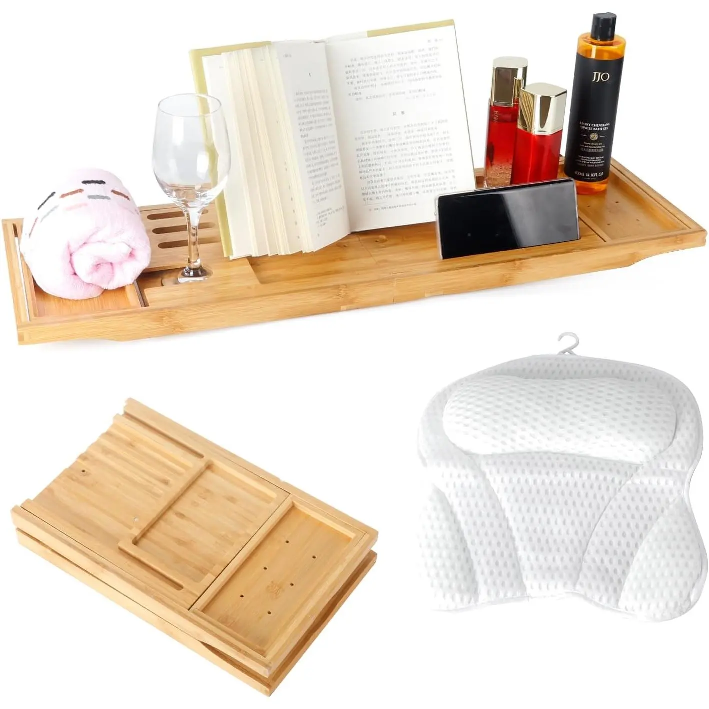 Luxury Expandable Foldable Bathtub Caddy Tray Set with Light, Smooth Waterproof Bath Pillow, Bathroom Organizer, Book Holder - Bathroom Home Supplies, Widely Applicable for Unwinding and Destressing, Ideal Gift for Tub Accessory Enthusiasts