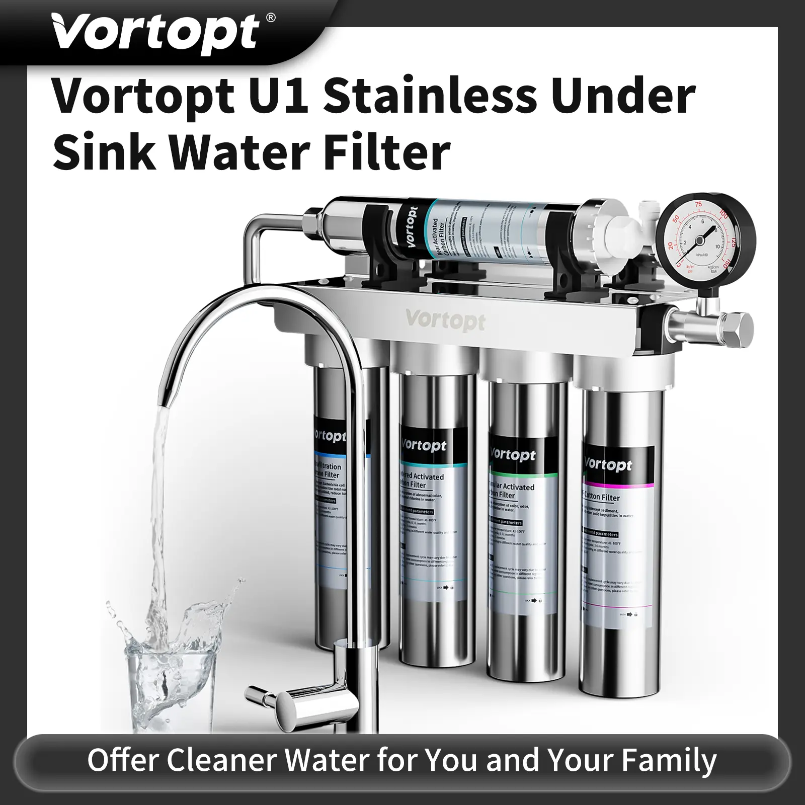 Vortopt Model U1 Stainless Steel Kitchen Ultrafiltration Water Purifier - 5-Stage Filtration System, 3-sec Cartridge, Reduces Heavy Metals/Bad Taste/Odors, Real-Time Pressure Monitoring, Easy Installation