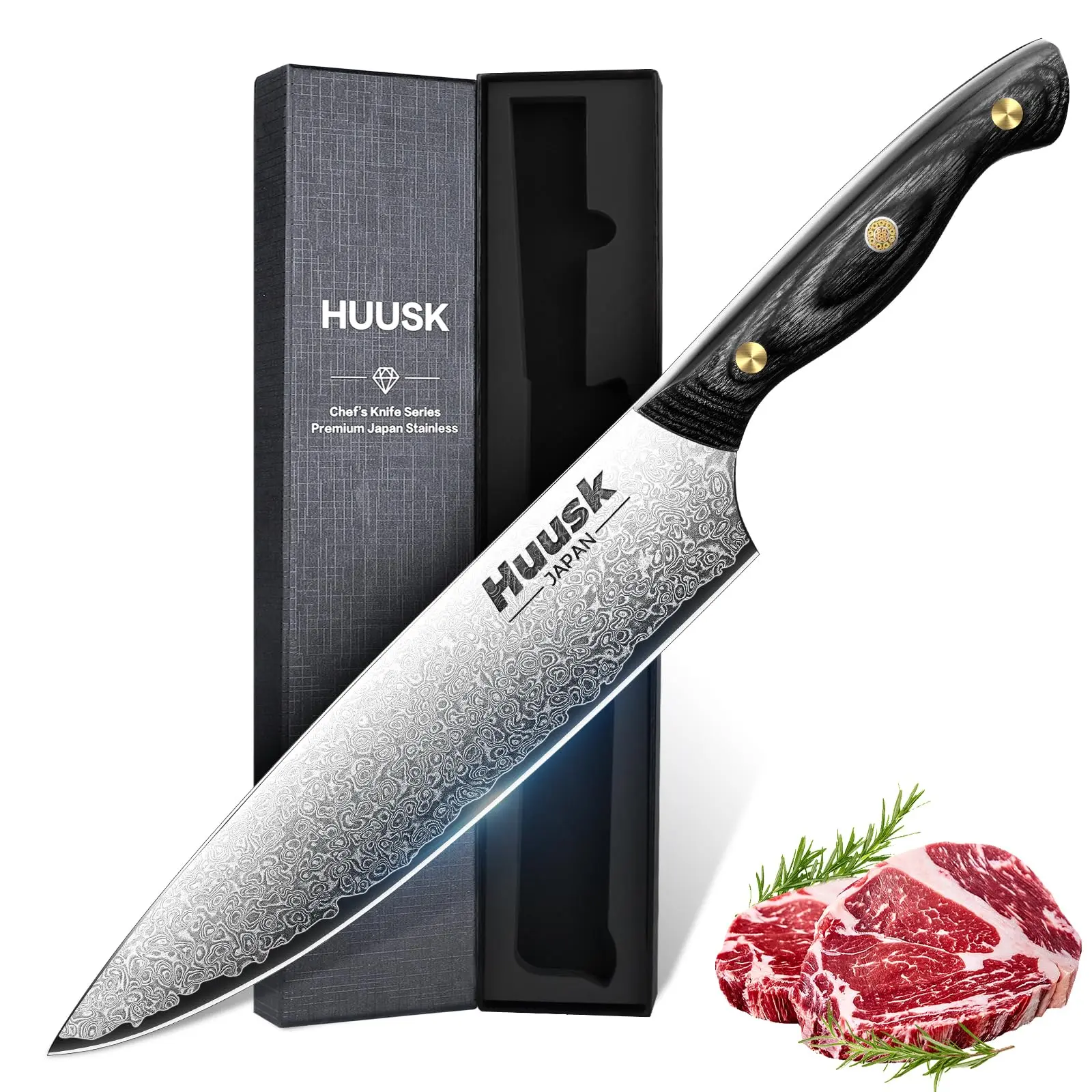 Huusk Damascus Chef Knife 13.1 inch, Tough & Durable, Handy Portable Kitchen Fruit Knife, Perfect Gift for Family Members