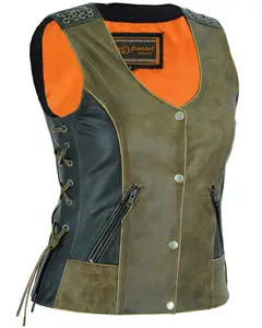 DANIEL SMART Stone Cold Women's Leather Motorcycle Vest - Antique Brown & Black, Soft Premium Drum Dyed Supple Cowhide, Open Neck, Side Zippers, Zippered Pockets, Reinforced Stitching