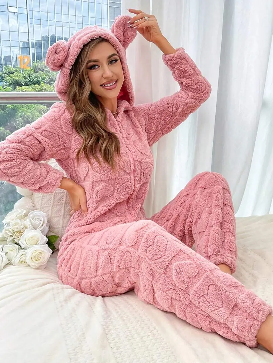 Pink Flannel Sleep Jumpsuit with 3D Ear Design Hooded Zipper Front and Pockets