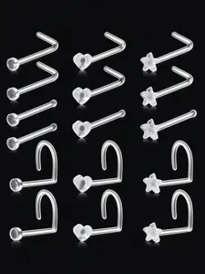 16 Pcs Simple Transparent L-Shaped Nose Studs, Nose Piercings Kit, Unisex Body Piercing Jewelry Set, Daily Wear Ear Rings for Men & Women