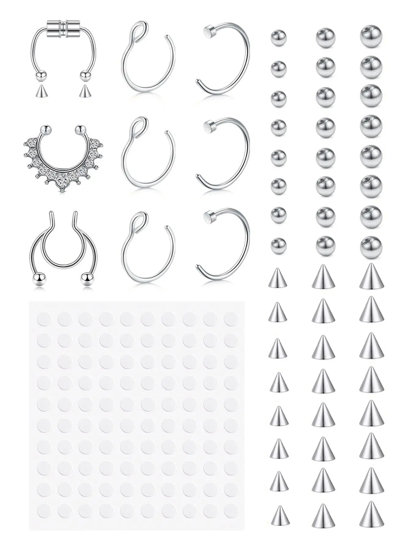 Fake Eyebrow Ring Fake Lip Labret Studs Vertical Labret Jewelry Replacement Balls Spike with 100pcs Sticker Non-Piercing Body Jewelry Accessory Fake Skin Piercing