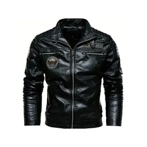 Men's faux leather jacket with zippered pockets, men's fashion zippered motorcycle jacket for autumn and winter