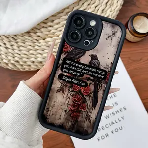 Compatible for iPhone11/12/13/14/15/16/17/promax/x/xs/xr/xsmax Case Poe Quote with Crows and Roses Soft TPU Shockproof Protective CASE, Cover, Accessories, Smartphone, Cellphone