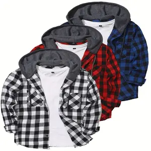 3Pack Men'S Plaid Hoodie Flannel Shirt Jacket Long Sleeve Casual Fashion Button Shirts