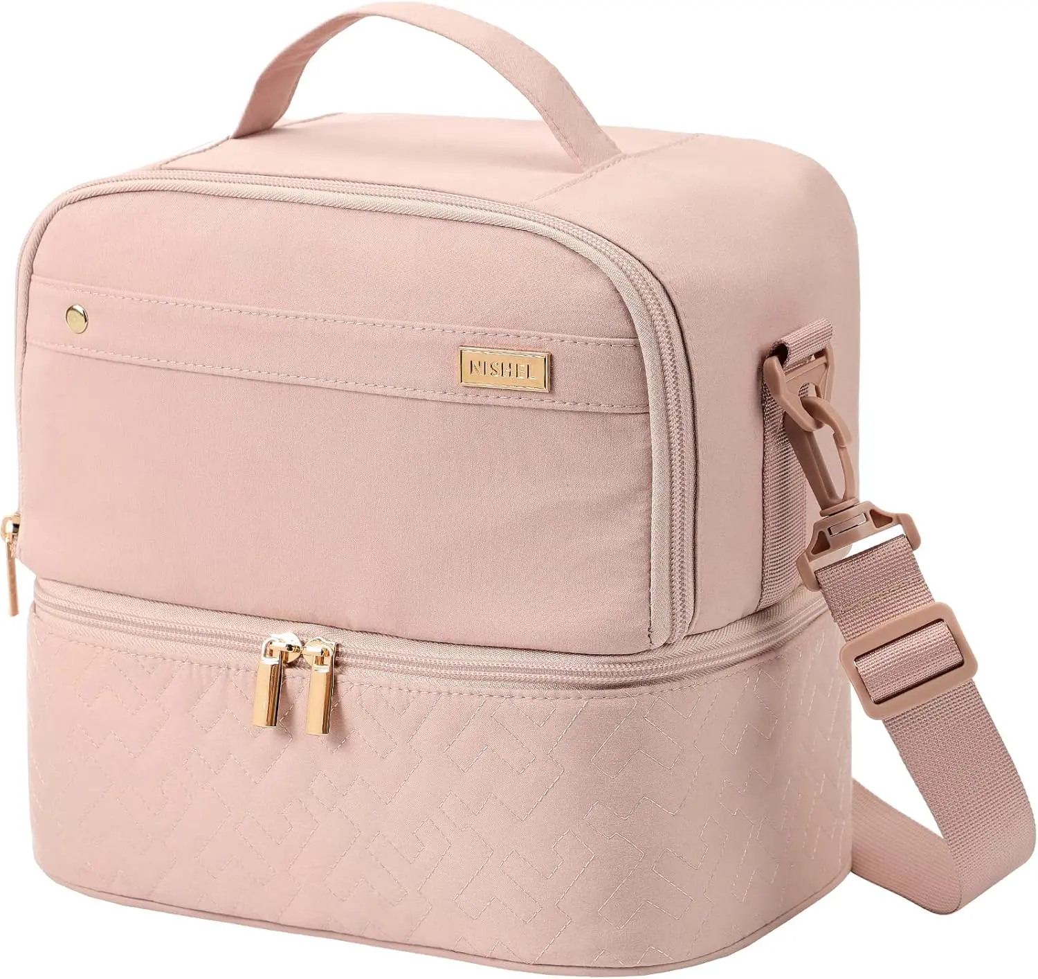 Lunch Bag for Women, Insulated Two Separate Compartments Meal Box with Adjustable Shoulder Strap, Leakproof Cooler Case for Work, Pink