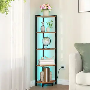 Hzuaneri Corner Shelf with LED Light, 5-Tier/6-Tier Corner Bookshelf, Tall Narrow Display Bookcase with Metal Frame, Standing Shelf for Small Space, Living Room, Home Office, Bedroom